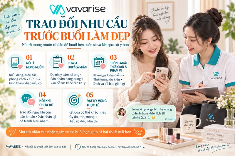 Khách hàng và kỹ thuật viên trao đổi nhu cầu trước buổi làm đẹp