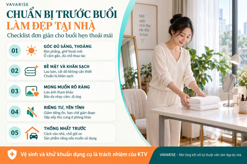 Không gian gọn gàng chuẩn bị cho buổi làm đẹp tại nhà