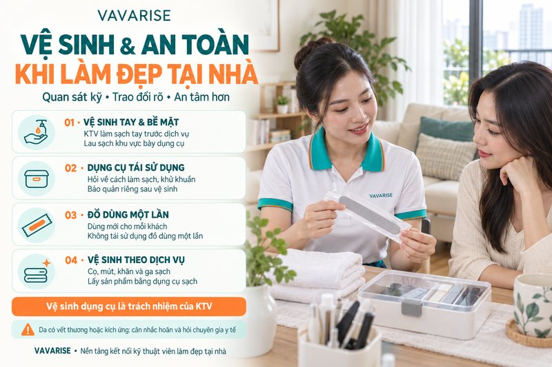 Dụng cụ làm đẹp được vệ sinh và đồ dùng một lần