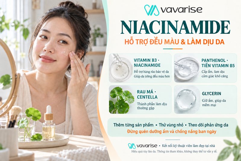 Sản phẩm dưỡng chứa niacinamide và thành phần làm dịu