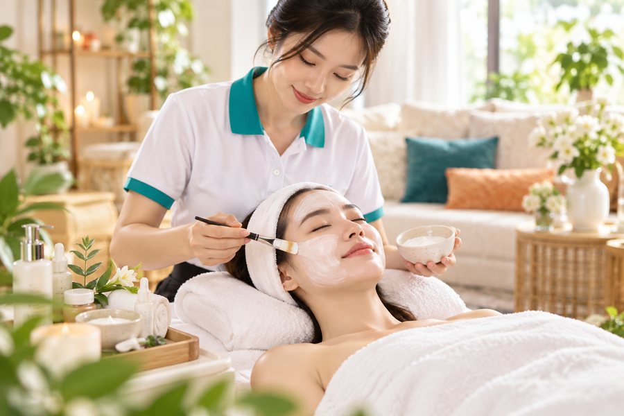 Kỹ thuật viên VAVARISE đắp mặt nạ chăm sóc da tại nhà